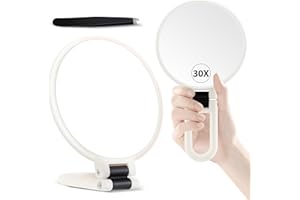 MIYADIVA Miroir à main, miroir grossissant x30 sur support, miroir grossissant double face avec grossissement 30X/1x, poignée réglable à 360°, miroir de maquillage portable de voyage pour épilation