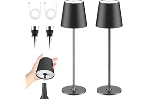 LUCKEA Lampara de Mesa LED Inalámbrica 2 Piezas Lámpara de Mesa bateria Recargable con Tapón de Vino y USB-C, Lamparas Mesita Regulable para Restaurante, Dormitorio, Camping, Salon, Negro