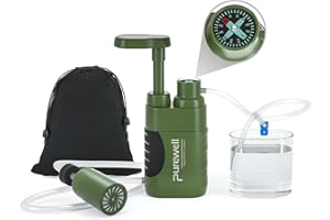 Purewell Water Filter Pump for Camping - Portable Water Purifier with 0.01 Micron Filter, Removes Bacteria - Emergency Survival Water Filtration System for Hiking, Travel & Outdoor Adventures