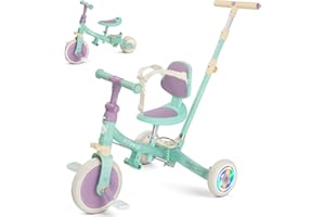 VITONIS 5 in 1 Kinder Dreirad Rosa für 18 Monate bis 5 Jahre, Laufrad mit Blinkenden Rädern, Dreirad mit Schubstange, Rückenlehne und Sicherheitsgurt, Geschenk für Jungen und Mädchen, Grün