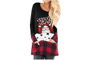 SUSENSTONE Noel T-Shirt Femme Manche Longue Grande Taille NoëL Imprimé Hiver Chic Sweatshirt Pas Cher Tunique à Carreaux Mode Casual Blouse Pullover