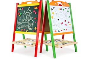 Phildim Wooden Art Easel for Kids (Double Sided) - Standing Magnetic Whiteboard Chalkboard Small Toddler Toys - Includes Wooden ABC Numbers PD-008-UK-2