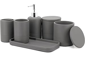 ZCCZ Grey 6-Piece Bathroom Accessory Set - Organizer With Toothbrush Holder, Soap Dispenser, Vanity Tray, 2 Q-tip Holders - Modern Decor