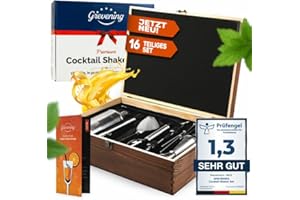 GREVENING Cocktail Set Cocktail Shaker aus Edelstahl Shaker 16-teiliges Cocktail Zubehör in praktischer edler Holzkiste Cocktail Shaker Set Barkeeper Set für Anfänger und Profis Cocktail Mix Set