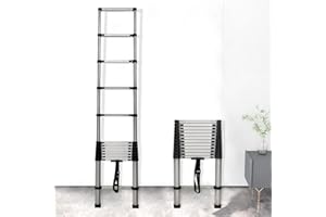 VANDISE Teleskopleiter Heavy Duty, 3.8M ausziehbare tragbare Leiter mit Sicherheitsschloss Edelstahlleiter, Soft Close Design für Camper, Haushalt täglich oder RV Arbeit, 150KG Kapazität, Silber