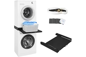 Vonia Zwischenbaurahmen Schwarz für Waschmaschine und Trockner – Stapelkit mit ausziehbarer Arbeitsplatte – Metall, 60 x 54 x 7,5 cm – Tragkraft bis 100 kg