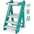 Onasti Toddler Learning Tower, Folding toddler kitchen step stool, standing tower for kitchen counter bathroom, Adjustable Height, Safety bar (Green)