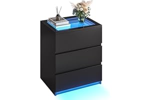 ‎AOGLLATI AOGLLATI Nachttisch mit LED-Beleuchtung,Einstellbare Farben Nachtschrank mit 3 Schubladen Beistelltisch mit Glastischplatte Sofatisch Couchtisch für Schlafzimmer Wohnzimmer, Moderner Stil Schwarz