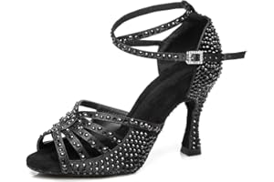 JUODVMP Chaussures De Danse Latine Salsa pour Femmes Strass 7.5cm Talon Haut Salle De Bal Tango Mariage Performance Chaussures De Danse