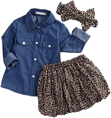 Alleppa Baby Girls 3PCS Outfit Long Sleeve Botton-Down Polo Shirt Leopard Printed Skirt Bowknot Headband - Blue -