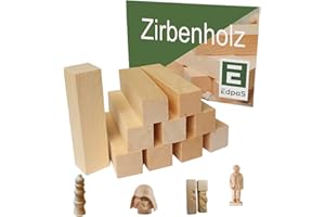 EDPAS Legno da intaglio di cirmolo - Set di 10 blocchi di legno + modello di intaglio (10x2,5x2,5 cm) - Legno per intagliare - Pratici rostri di legno da tornitura in cirmolo - Legno da intaglio per bambini