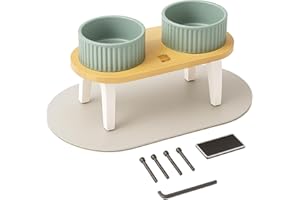 BELMIN Ciotole per Cani Rialzate – Porta Ciotole per Cani Rialzato con Ciotola Cane in Ceramica – 2 Altezze Regolabili – Base in Bambù Naturale – Tappetino Antiscivolo – Ideale anche Ciotola per Gatti