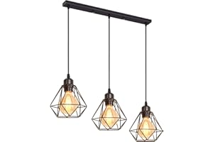 iDEGU 3 Luci Lampada a Sospensione Vintage Ø16CM Lampadario a Sospensione Industriale E27 Lampadario Metallo in Stile Gabbia Geometrica Lampada da Soffitto per Cucina Soggiorno (Barra a Soffitto)