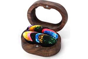 DOUBLECARE 12 Puas Guitarra, 3 Tamaños Puas de Guitarra Eléctrica en Celuloide con Soporte para Puas Guitarra Hecho de Nogal, Puas para Guitarra Española, Ukelele, Acústica