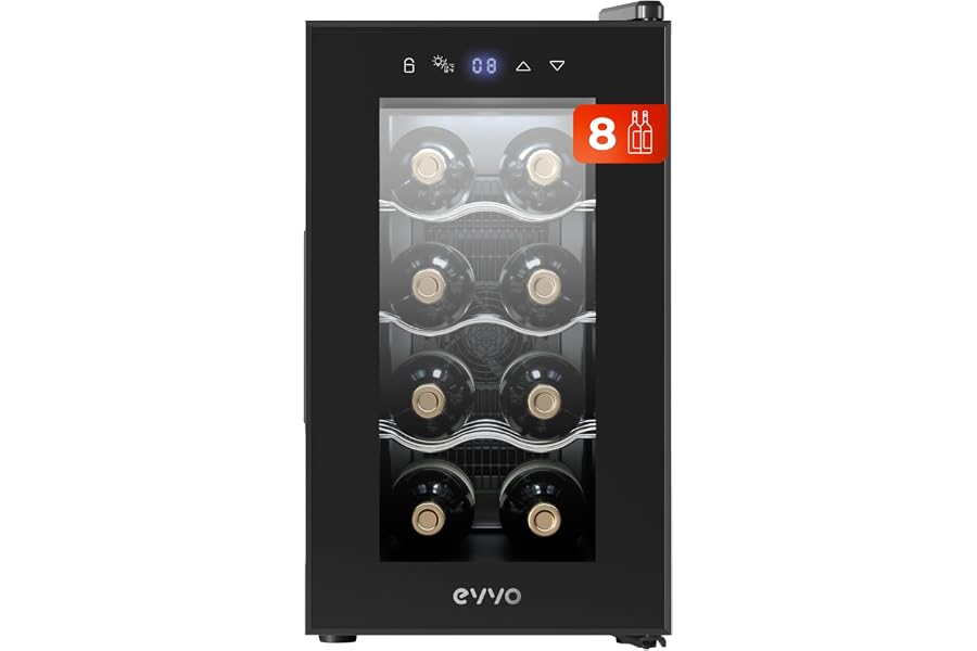 EVVO Vinoteca VT8 - Enfriador de Botellas de Vino, Nevera Pequeña para 8 Botellas, Enfriador de Vino Silencioso, Control Táct