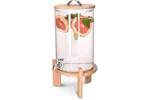 Navaris Distributeur de Boissons avec Robinet - Distributeur Boisson 7L en Verre avec Couvercle et Support en Bois - Fontaine Eau Cocktail Jus Alcool