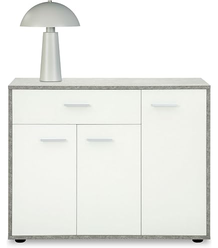 Commode Ben Vladon - 2 Portes Et 2 Tiroirs, Blanc Mat/Chêne Naturel (79x74x36 Cm) - Rangement Moderne Pour Salon Ou Chambre