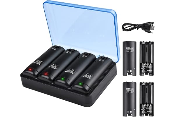 TechKen Chargeur pour Manette de Wii avec 4 Batteries Rechargeables et Chargeur de Wiimote, Station de Charge avec 4 * 2800mAh Piles pour Télécommande de Wii