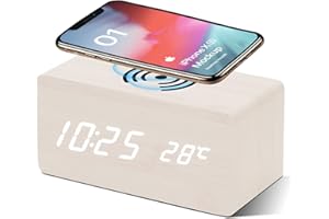 VORRINC Sveglia in Legno con Caricabatterie Wireless, Sveglia Digitale, Regolazione Luminosità a 3 Livell, Controllo vocale Intelligente, Orologio da Comodino Doppio Alimentatore