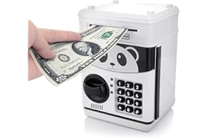 Itian Cartoon Piggy Bank Cash Coin Can con Contraseña, Money Bank Money Safe, Saving Box, ATM Bank Safe Locks Panda Smart Voice, Negro+Blanco