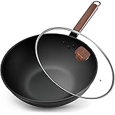 Jobin 13Inch/33cm Wok Non Stick with Lid Carbon Steel Wok and Large Capacity for Cook Asian Dishes for 4-6 People, Ideal for 