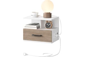 HOOBRO Comodino Sospeso, Comodino da Parete con Stazione di Ricarica e Cassetto, 1 Presa Standard e 2 Porte USB, 2 Opzioni di Montaggio, per Camera da Letto, Bianco e Grigio Anticato EWG127CBZ01