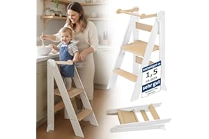 ‎BELLABINO Bellabino Tay Lernturm ab 1 Jahr – Learning Tower 2-Fach höhenverstellbar & klappbar – Lernstuhl in Weiß/Natur für Kinder – Montessori Stehturm aus Birkenholz – sicherer Tritthocker mit Kippschutz