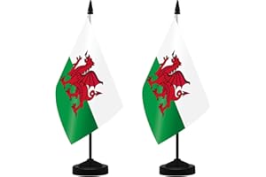 NQ Wales Table Flag Set, 21 x 14CM Small Welsh Flag with Stand Base, Mini Flagpole Kit for Office Home Conference Holiday Decorations (2 Pack)