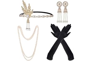 Meiruier Set di accessori anni '20, alla moda anni '20, con fascia e guanti lunghi e collana di perle, accessori da donna, Charleston Fancy Set