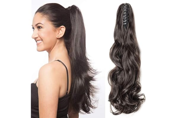 18"(45cm) Coleta Postiza con Pinza Pelo Sintético Se Ve Natural Extensiones de Cabello Clip Cola Rizada Ondulada Ponytail Extension (140g,Castaño Oscuro)