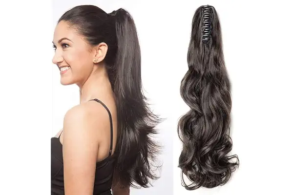 18"(45cm) Coleta Postiza con Pinza Pelo Sintético Se Ve Natural Extensiones de Cabello Clip Cola Rizada Ondulada Ponytail Extension (140g,Castaño Oscuro)