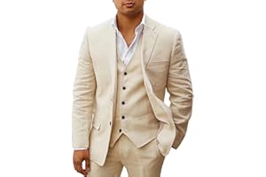 HUUTOE Costume 3 pièces en lin pour homme - Pour mariage, été, plage, garçons d'honneur, smoking, blazer, pantalon et gilet