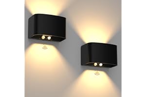 T-SUN Lámpara de Pared con Sensor de Movimiento y Control Remoto, Recargable Aplique pared Interior/Exterior, 2 Piezas Negro Lamparas pared Sin Cable, Aplique de Pared Arriba y Abajo, Brillo Ajustable