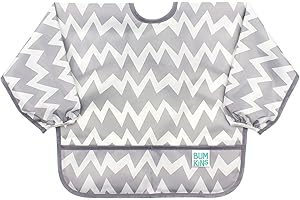 Bumkins Sleeved Bib, Handy Tie Closure for Custom Fit, Catch-All Pocket, Baby-Led Weaning, Waterproof, Machine Washable, Stain & Odour Resistant, BPA Free, 6-24 Months, Grey Chevron Design
