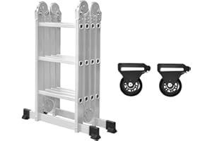 YARDIN Escalera multifunción de aluminio de 340 cm, escalera plegable 6 en 1, escalera multifunción de plata, con 2 ruedas y plataforma, hasta 150 kg, 4 x 3 peldaños
