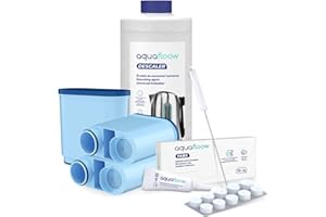 Aquafloow Zestaw do Pielęgnacji i Czyszczenia Ekspresów do Kawy Kompatybilny z Philips, Saeco | 3x Filtr CLEANI jak AquaClean, Tabletki Czyszczące 10x2g, Odkamieniacz 1000ml, Szczotka, Smar Silikonowy