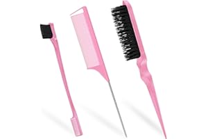 Soodyoow 3-in-1 Slick Back & Edge Brush, Back Combing & Teasing Brush, Rat Tail Comb for Hairdresser, Women, Children, Pink