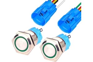 Gebildet 2 Pieces 0.63 Inch/16mm Stainless Steel Momentary Push Button 12V-24V 5A LED 1NO1NC SPDT ON Off Waterproof with Wire Socket Plug (Green LED)