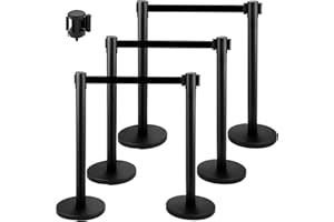 VEVOR Barriere Retrattili per Il Controllo della Folla e La Coda, 6 Pz Colonnine Segnapercorso con Nastro Nero per Dividere I Corvi in Banche, Aeroporti, Stadi, Luoghi di Divertimento e Altri Luoghi