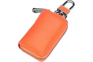 Aileder Car Key Case Holder Genuine Leather Car Smart Key Chain Holder Zipper Remote Fob Case Cover Protector Bag Keyring Wallet (Orange)