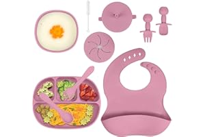 Aolso Baby Teller Kinderteller Sets, 8 Stücke Rutschfest Geschirr Sets Mit Löffel Geteilte Platte und Lätzchen, BPA-frei Kinder Geschirrset Silikon, Babyteller Schüssel für Kleinkinder Kinder(Rosa)