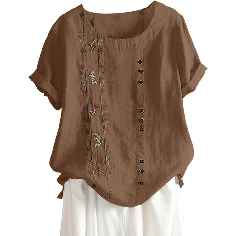 Chemisier Femme été En Coton Et Lin - Tunique Bohème Manches Courtes - Style Vintage Brodé