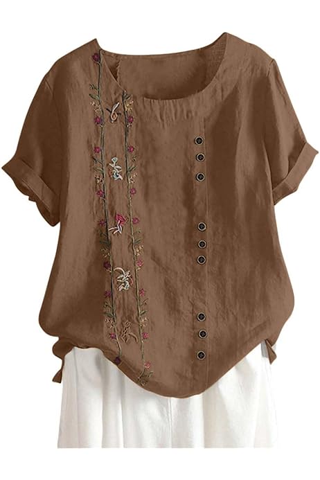 Chemisier Femme Coton Lin Manches Courtes - Haut Décontracté Col Rond - Tunique Lâche Respirante
