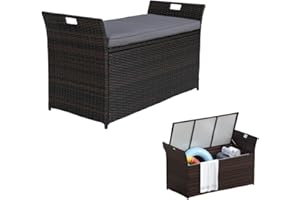LIFEZEAL Banc Coffre de Rangement en Rotin PE, Pouf avec Coussin Amovible et Poignées Latérales, 260 L Boîte de Rangement Intérieur Extérieur, pour Jardin, Piscine, Terrasse, Cour, Chambre