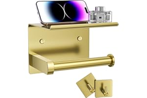 Tindbea Toilet Roll Holder with Phone Shelf + Towel Robe Hooks, Self Adhesive or Wall Mounted Toilet Roll Storage Dispenser, Stainless Steel Loo Roll Holder for Bathroom(Brushed Gold)