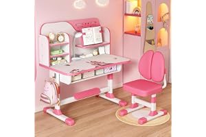 UKR Adjustable Kids Study Learning Desk and Chair Set Ergonomic Study Table with Bookshelf, Drawer Storage, Shelves, Table Lamp & Fun Stickers (Pink)