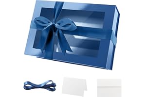 PKGMAGIC Grande Boite Cadeau Bleu 35,6x24x11,4 CM Boite Cadeau Vide avec Fenetre Transparente,Coffret Cadeau Vide,Boite Cadeau Magnétique et Ruban pour Anniversaire,Mariage,Fête des Pères(Brillant)