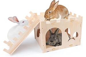 BONJUME Casetta Per Conigli Grande 42x35x34cm, Castello In Legno Naturale Rimovibile Per Piccoli Animali, Casa Per Criceti e Porcellini D'India