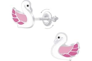 Laimons Pendientes infantiles con diseño de cisne y pájaro, 8 mm, color rosa y blanco, con cierre de rosca de plata de ley 925