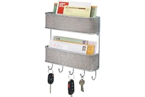 mDesign Letter Tray and Key Organiser - Wall-Mounted Key Rack and Letter Holder - Equipped with 2 Letter Holders and Multiple Key Hooks - Metallic